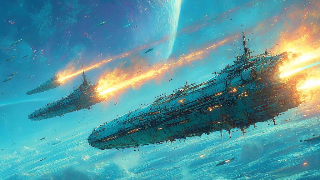 Two starships flying through space.