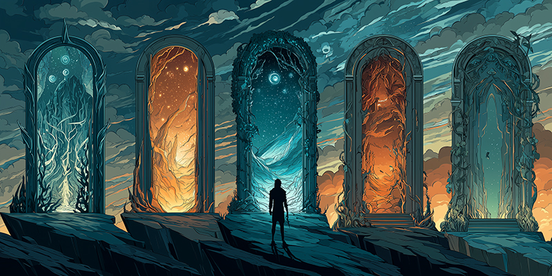 A man standing before 5 MUD games portals