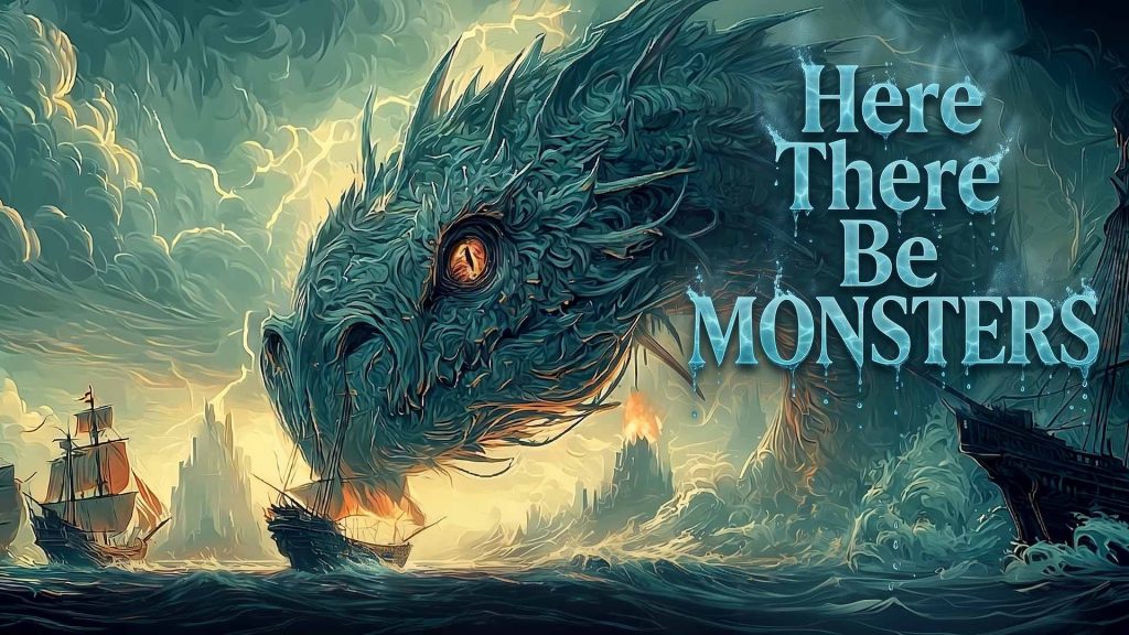 Epic sea battle: a colossal sea monster emerging from the Borean Ocean lunges toward sailing ships as dark storm clouds loom above in Achaea