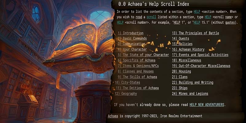 A MUD games guide book floating in the air with a text help file on the right side