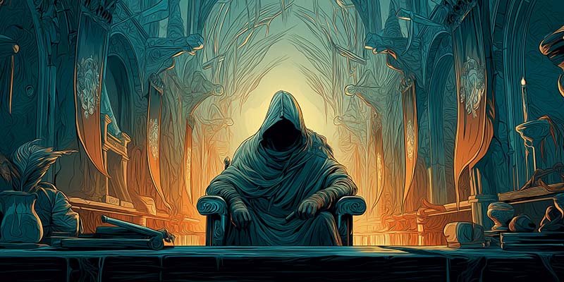 A cloacked person sitting in a fantasy game setting