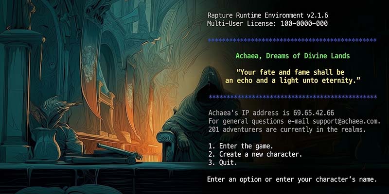 A cloaked mage sitting in a throne in a fantasy MUD games setting