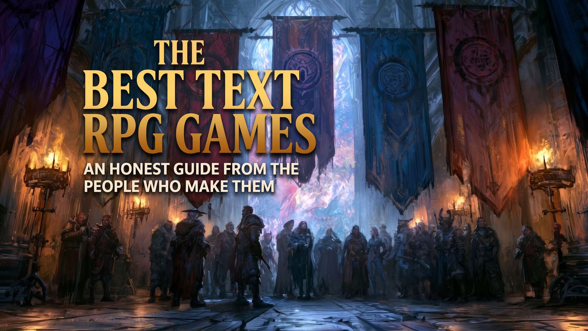 Warriors and adventurers gather beneath faction banners in a torchlit hall, representing the best text RPG games online