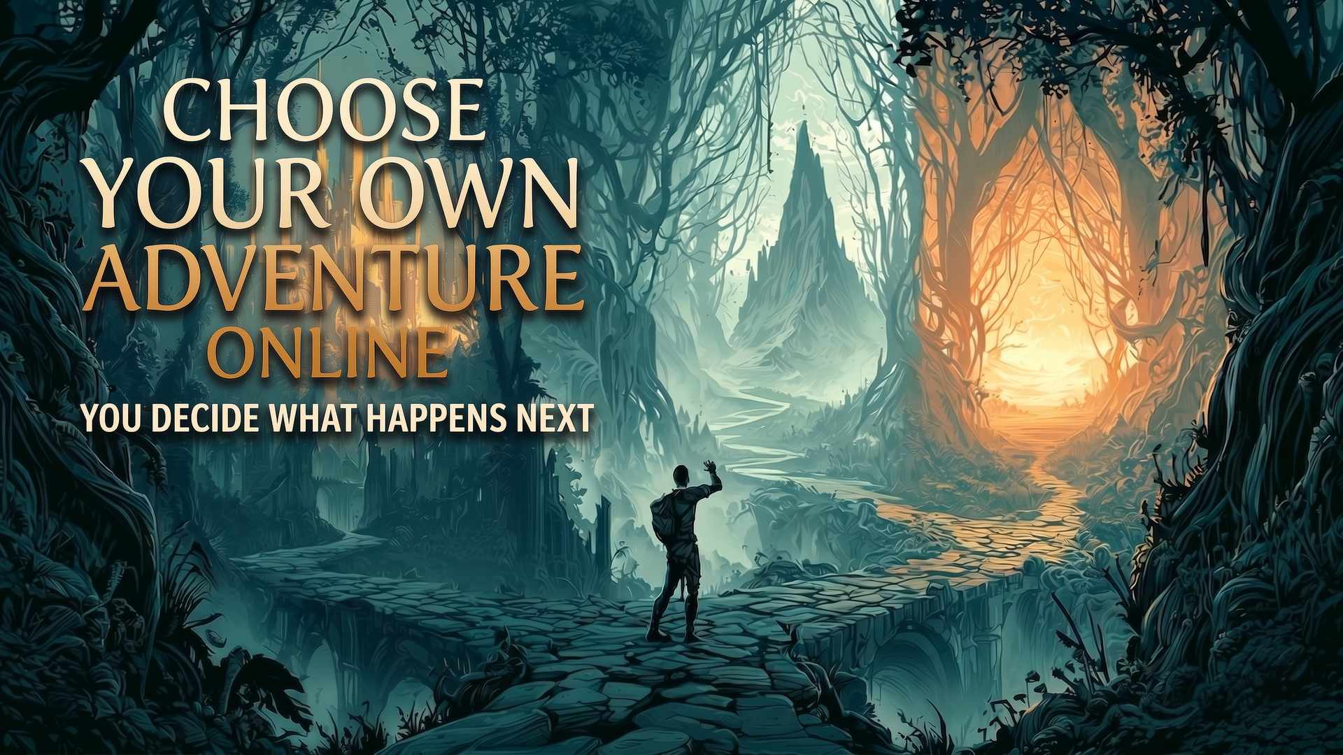 Choose Your Own Adventure Online » Iron Realms Entertainment A lone traveler at a stone crossroads in an enchanted forest, paths diverging toward golden towers, dark ruins, and open plains