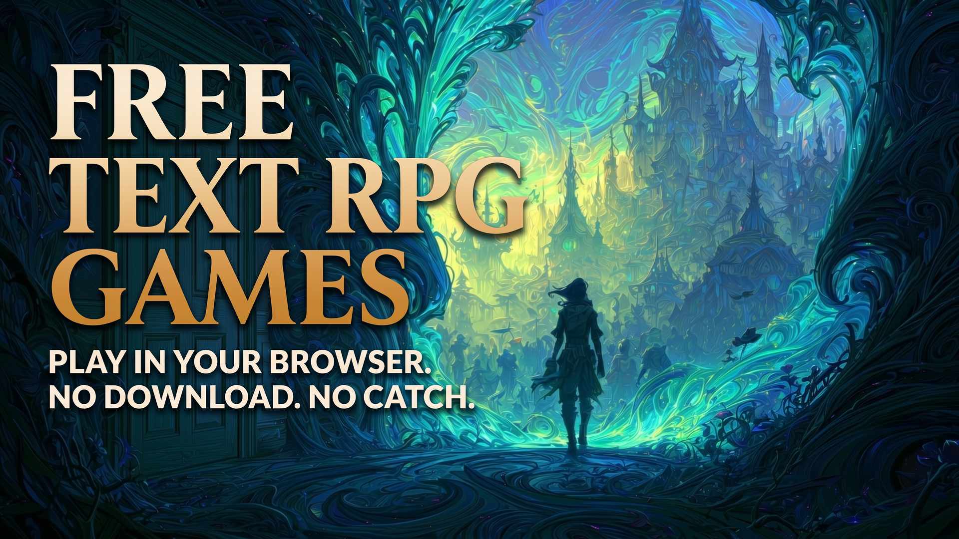 Free Text RPG Games » Iron Realms Entertainment A silhouetted adventurer steps through a glowing portal from a plain doorway into a sprawling fantasy world