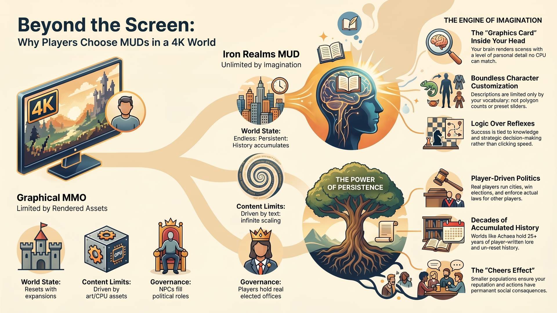MUD Benefits Flowchart - MUDs vs MMOs 2026 » Iron Realms Entertainment Flowchart showing the key benefits of playing MUD games compared to MMOs, including deeper communities, faster content updates, and text-based accessibility