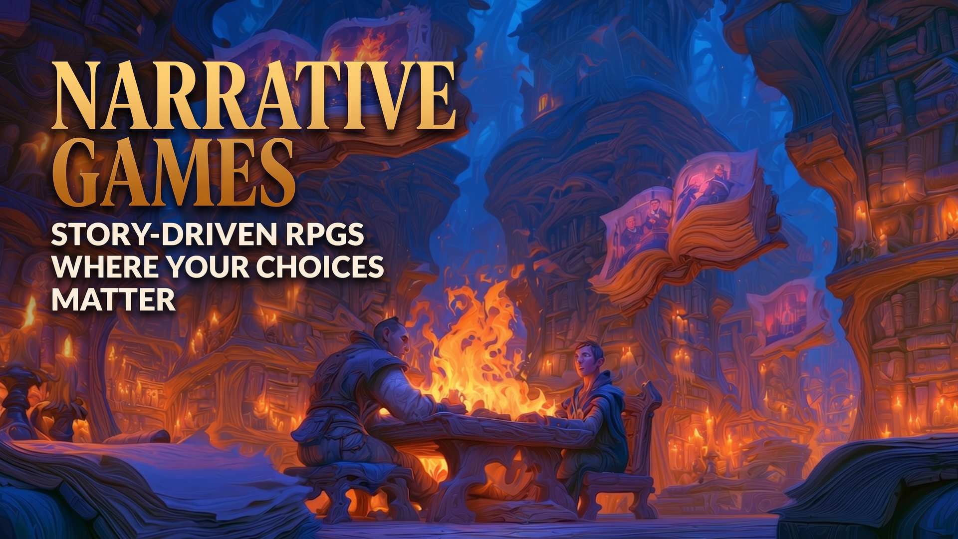 Narrative Games » Iron Realms Entertainment Two figures sit across a fire-lit table in a candlelit library as open book pages float overhead, each showing a different story scene
