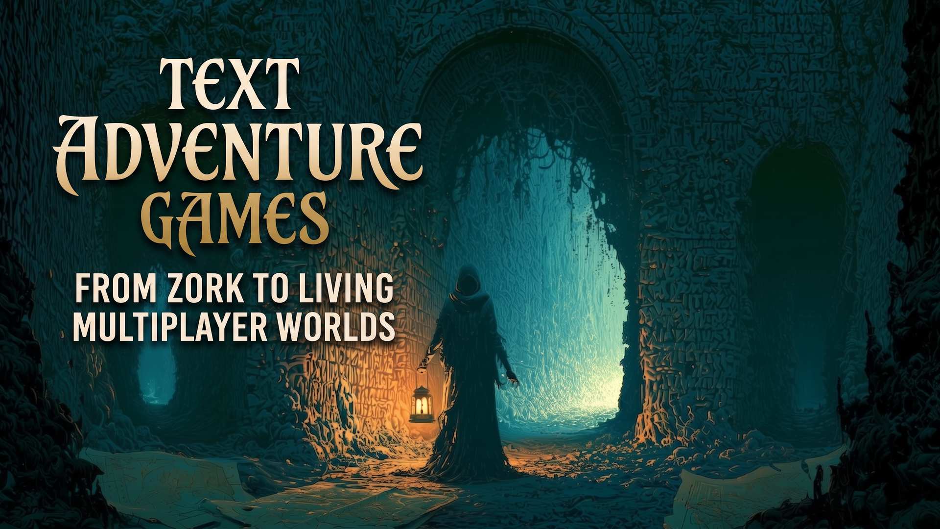 A cloaked figure holding a lantern stands at the entrance to an ancient stone dungeon, passages branching into darkness