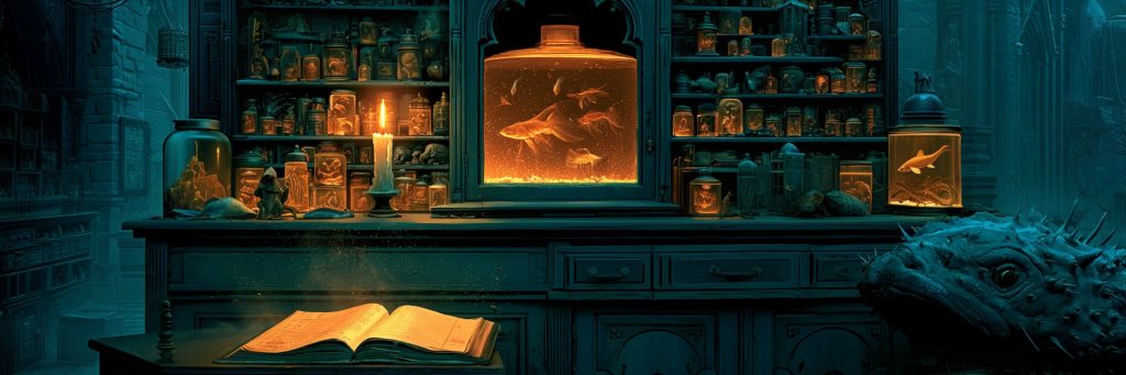 A candlelit gothic curiosity cabinet of collectibles, illustrating Aetolia's Collections system