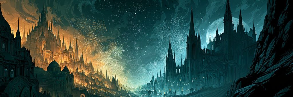Fireworks over two fantasy cities, celebrating Achaea's Year 1000 and Aetolia's 20th anniversary