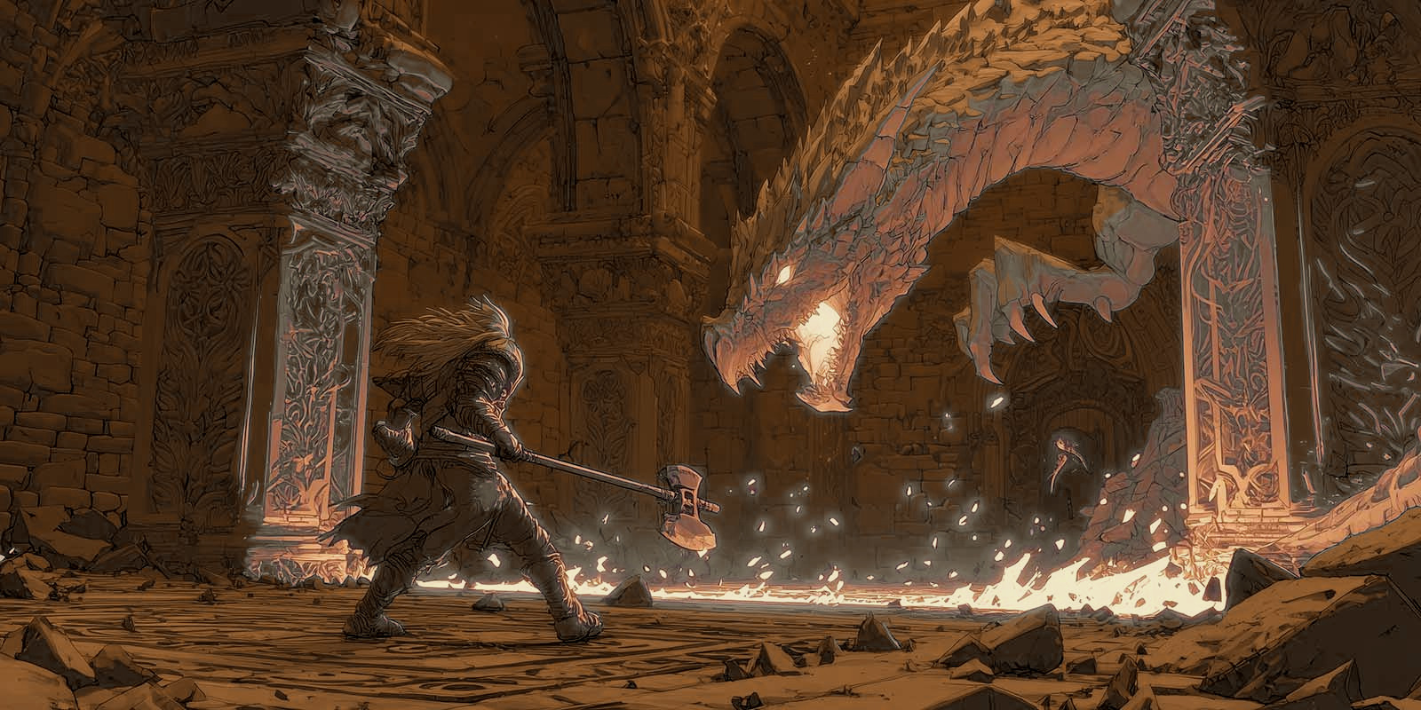 A warrior with a warhammer braced to fight a huge horned dragon in a ruined stone hall.