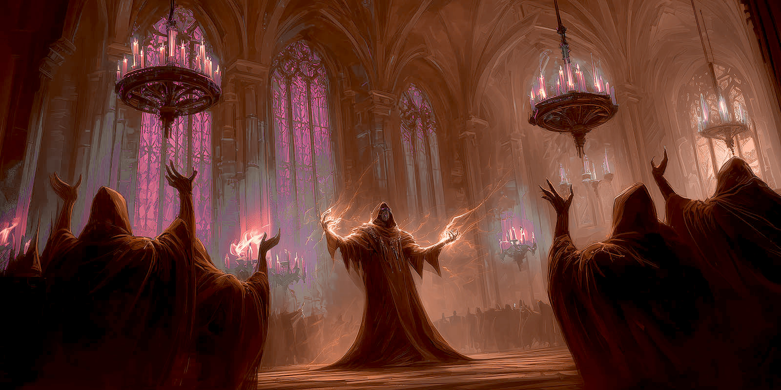 Hooded figures raising their hands around a robed caster wreathed in flame inside a candlelit cathedral.
