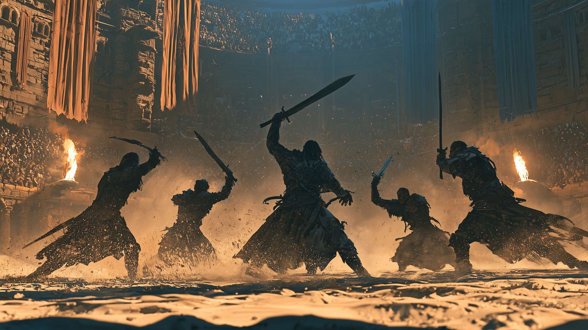 Silhouetted fighters clash with swords on the sand of a torchlit arena packed with spectators.