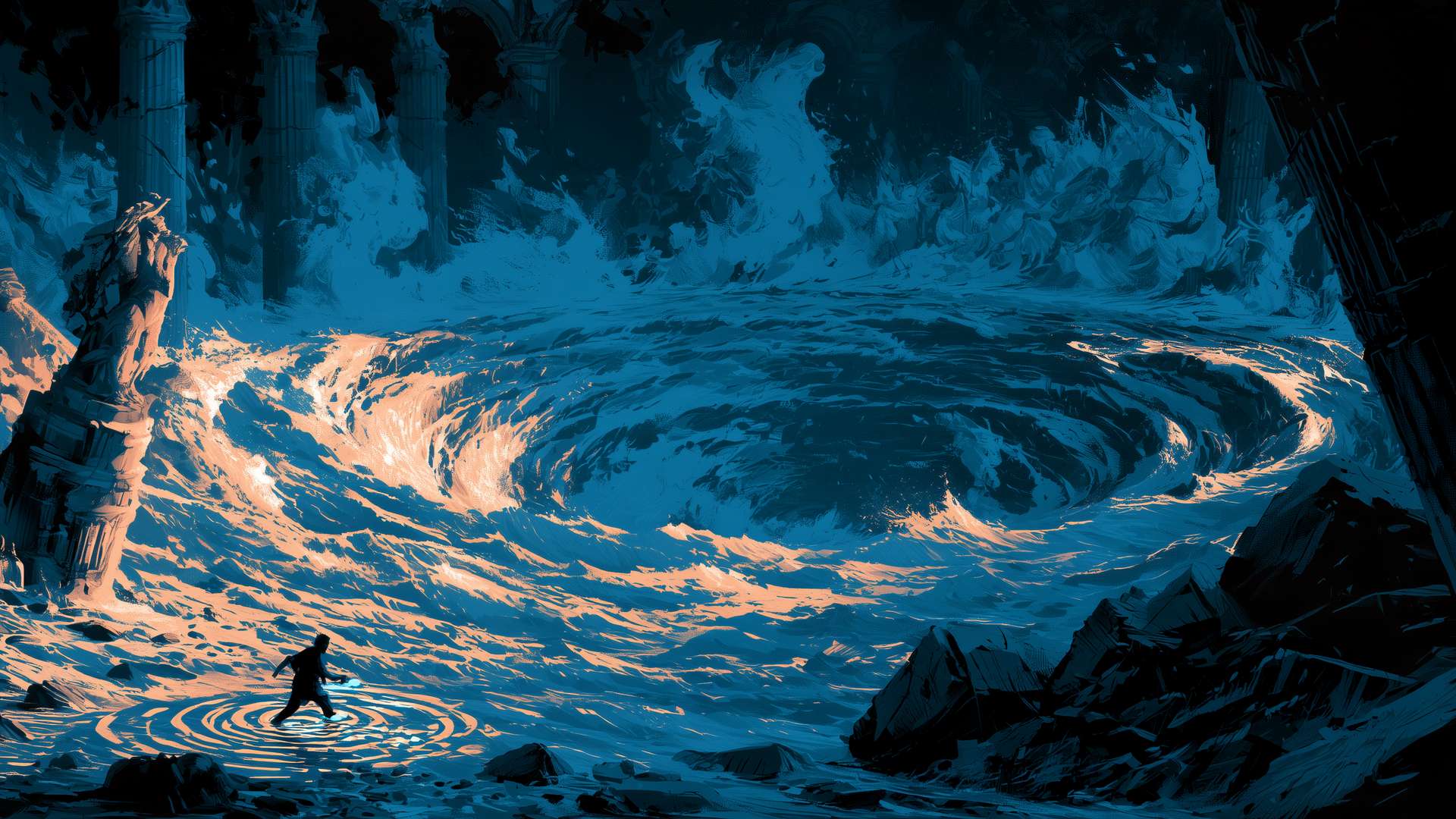 A lone figure wades into a vast whirlpool in the flooded ruins of an ancient marble city.