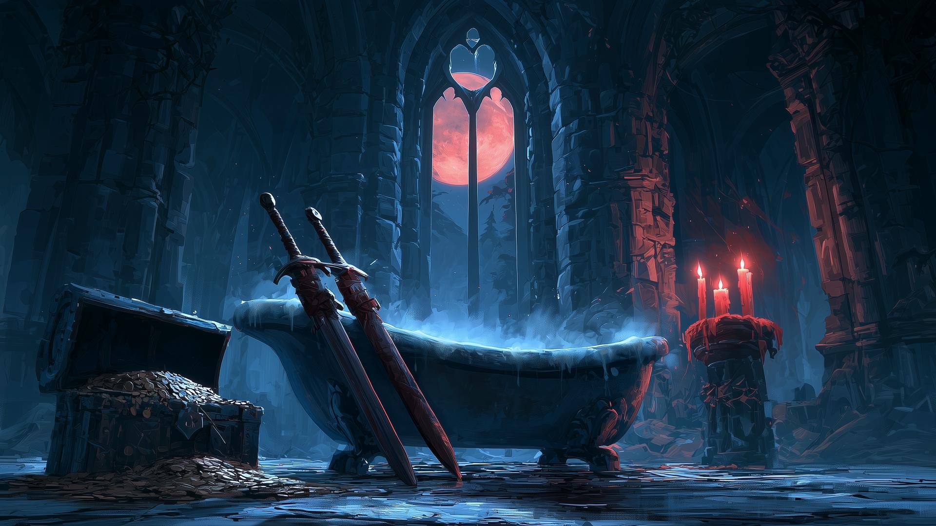 A steaming clawfoot bathtub in a gothic chamber, two sheathed swords leaning against it, a chest of gold beside it and a blood-red moon in the window.
